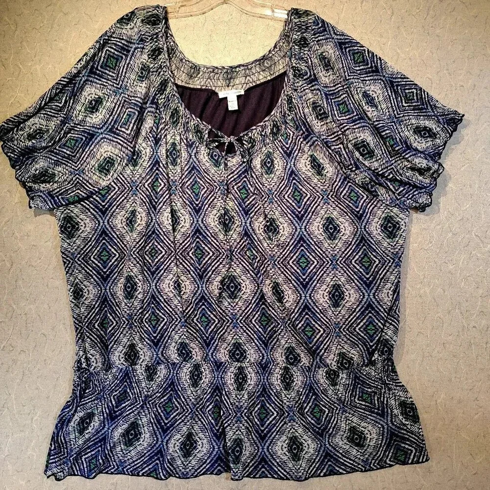 Croft & Barrow Blue & Green Blouse Short Ruffle Sleeve Peplum Size 3X